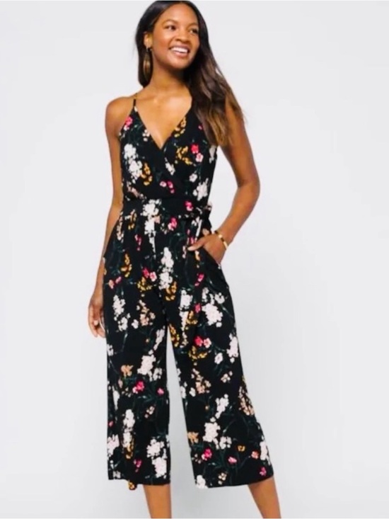Kaileigh Pants - Kaileigh Black Floral cropped Romper with Adjustable Spaghetti Straps